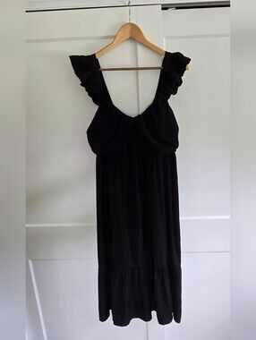 Gap Black Medium Womens Ruched Tiered Midi Dress